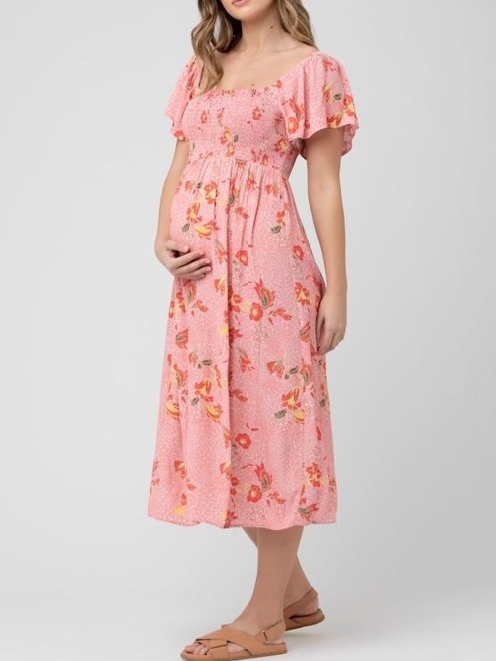 Ripe Libby Smocked Maternity Dress Pink Floral Midi